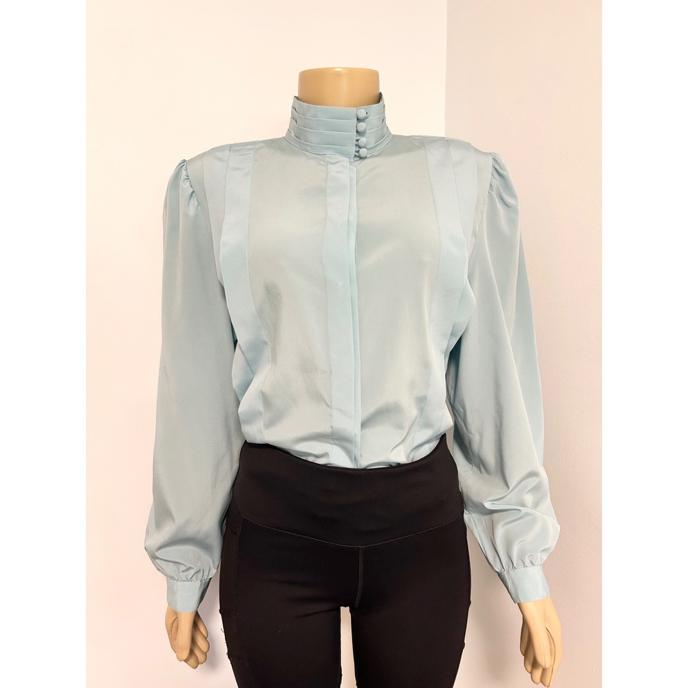 Josephine Vintage Light Blue Satin High Neck Pleated Blouse Size 10 Long Sleeve